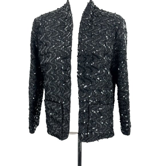 Miss H Jacket Blazer Black Sequins Long Sleeve Open Front Holiday Lined Medium - Picture 1 of 11